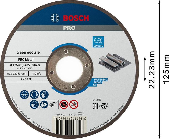 Immagine prodotto Bosch Professional Zubehör PRO Disco da taglio per metallo, 125 x 1,6 x 22,23 mm