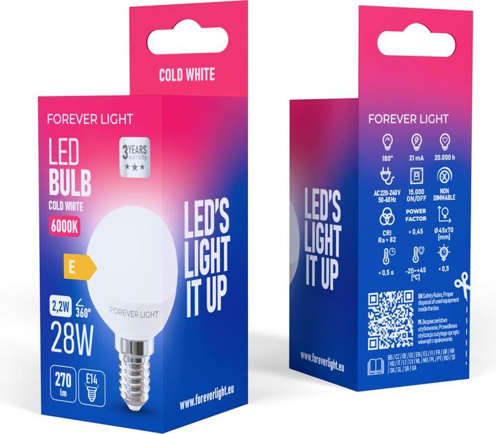 Actual product image Forever Light LED Bulb E14 G45 2.2W 270lm 6000K class E (E14, 270 lm, 100x)