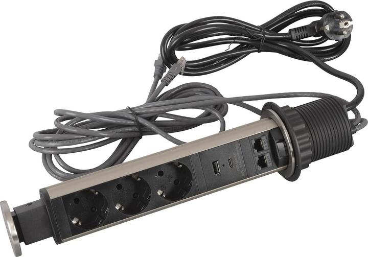 Image du produit Legrand Prise encastrable avec ports USB, Ethernet et 3 prises, système élévateur (3x, RJ45, USB-A, USB-C, 2 m)