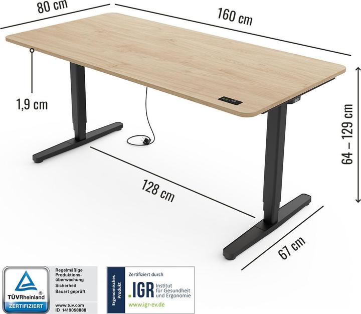 Image du produit Yaasa Desk Pro - bureau réglable en hauteur (160 x 80 x 129 cm)