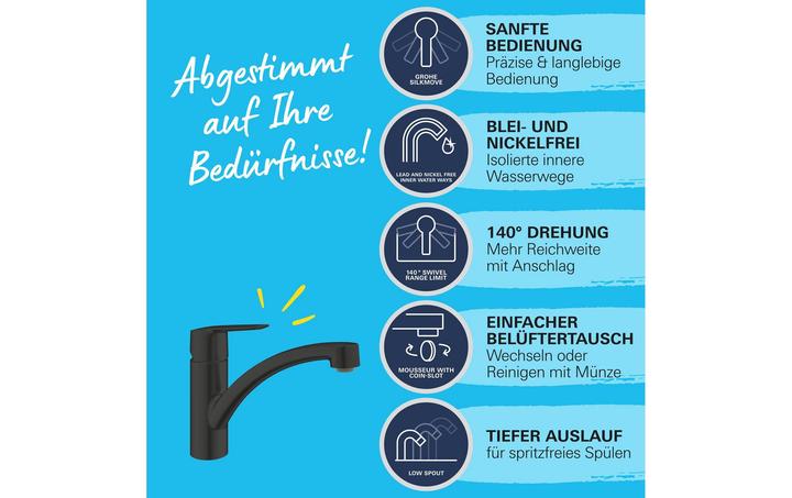 Produktbild Grohe Start QuickFix Küchenarmatur, flacher Auslauf, schwenkbar, mattschwarz