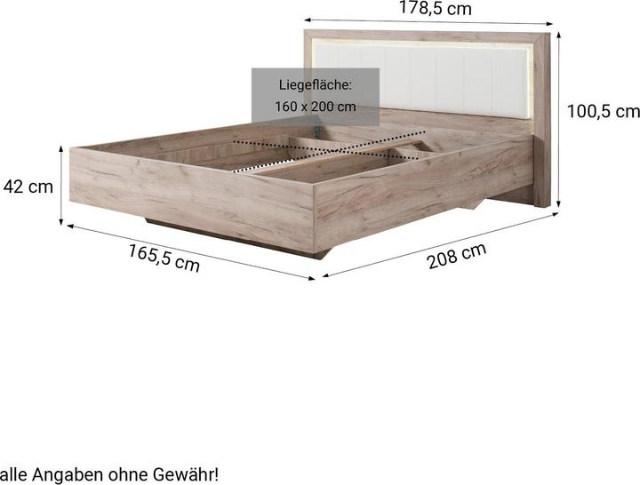 Produktbild Floki24 Doppelbett Holzbett Polsterbett Ehebett Bettrahmen mit Lattenrost Eiche Grau Kunstleder - Weiss, 160 (160 x 200 cm)