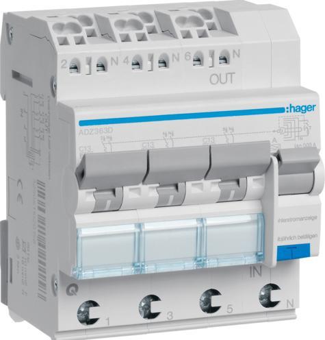 Actual product image Hager HAG ADZ363D FI-LS 3X 1P+N 6kA C-13A 30mA Type A QC