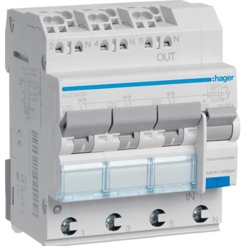Hager, Schutzschalter, HAG ADZ363D FI-LS 3X 1P+N 6kA C-13A 30mA Typ A QC