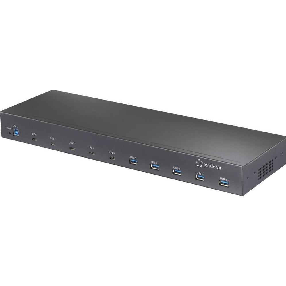 Renkforce 483 mm (19") Rack Mount 10-Port USB 3.2 Gen 2 Hub USB 3.2 Gen 2-Hub f (10 porte), Docking station + Hub USB, Nero