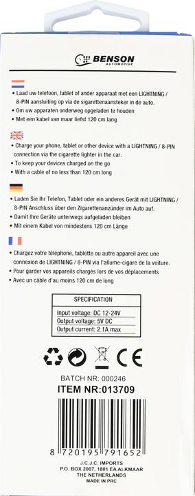 Actual product image Benson Car charger lightning cable 1.2 m 12-24V