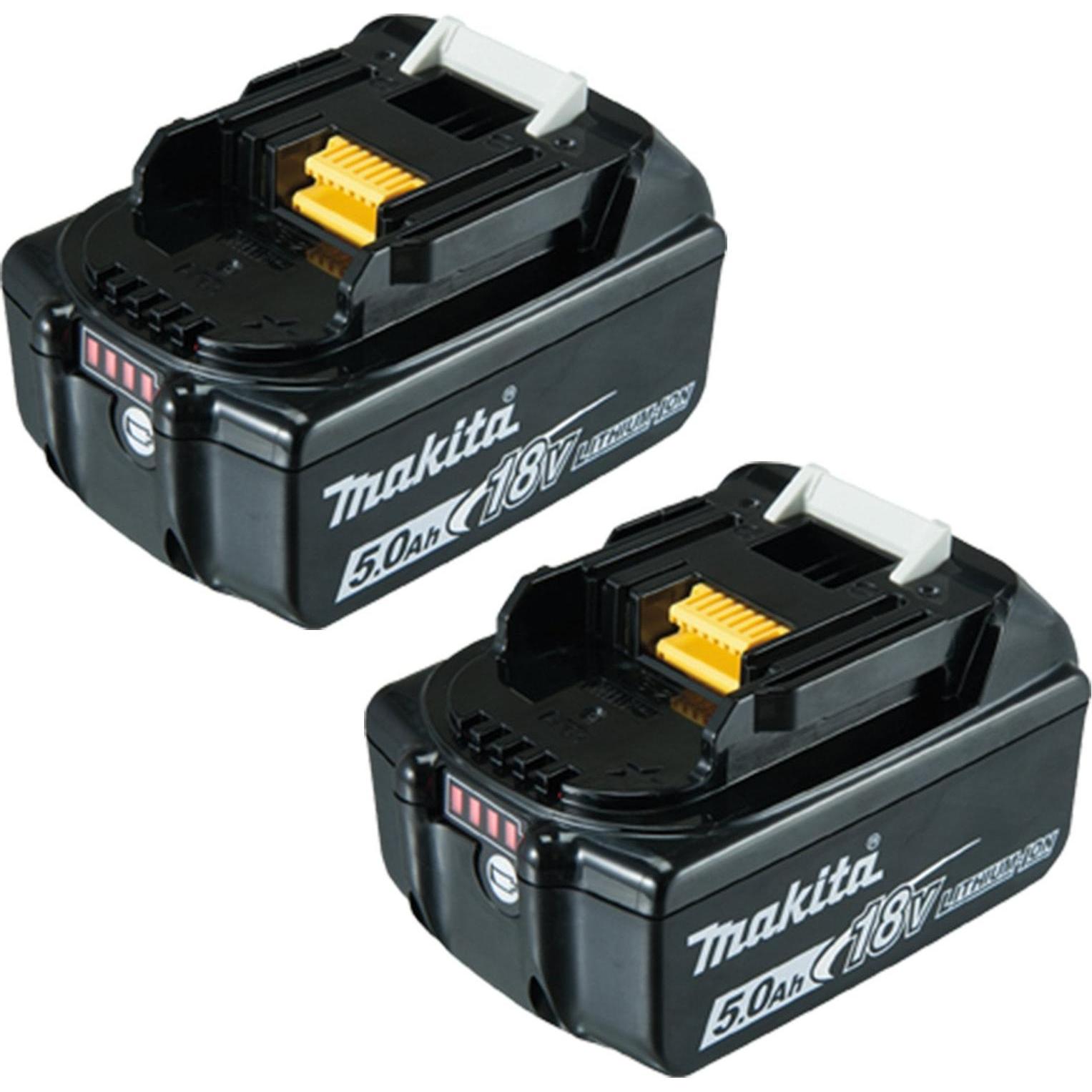Makita, Batteria + Caricatore, 2 batterie BL1850B 18V/5.0Ah Li-Ion (twin pack) con indicatore del livello di carica (18 V)