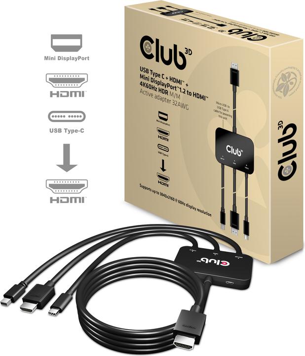 Actual product image Club 3D Active Adapter Multiport to HDMI 4K60Hz (HDMI, Mini DP, USB-C, 8 cm)