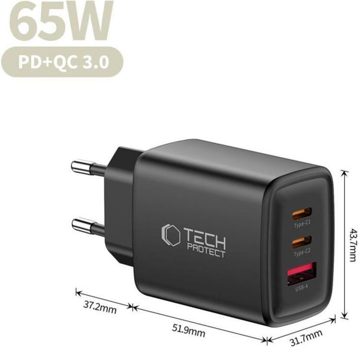 Image du produit Tech-Protect NCA65W-GAN USB-A, 2xUSB-C Netzladegerät PD 65W / QC3.0 Schwarz (65 W, 3 ports)