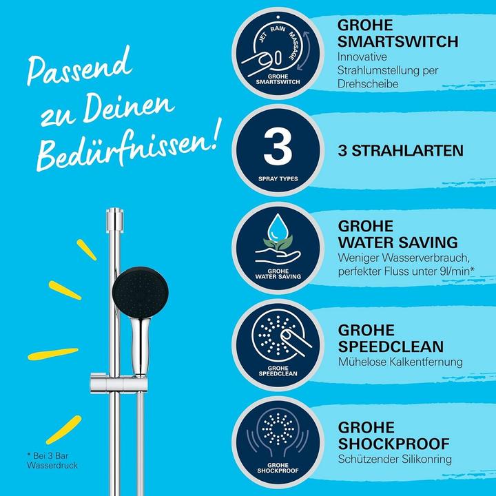 Actual product image Grohe Vitalio Start 110 QuickFix shower rail set, glue or drill, length 900mm, water-saving, 3 jets