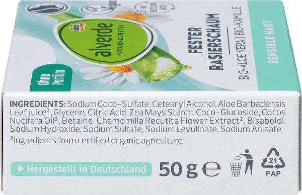 Immagine prodotto dm alverde Aloe vera organica solida, camomilla organica (50 ml, Schiuma da barba)
