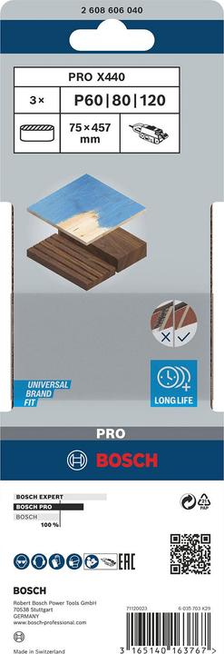 Image du produit Bosch Professional Zubehör PRO X440 bande abrasive, 75 x 457 mm, G60, G80, G100, 3 pcs. (100, 60, 80)