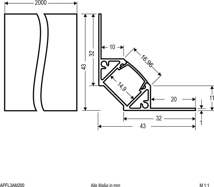 Produktbild EVN APFL3AM200 Alu Fliesenprofil mit (2000 mm, 43 mm, 11 mm)