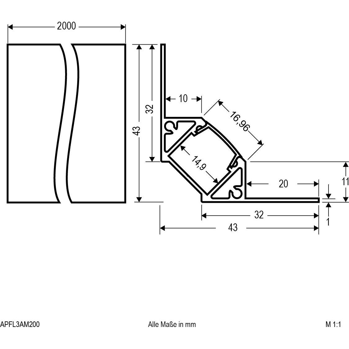 Thumbnail - EVN, Blech, APFL3AM200 Alu Fliesenprofil mit (2000 mm, 43 mm, 11 mm)