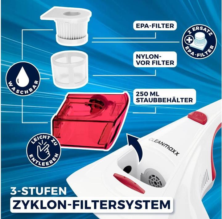 Produktbild CleanMaxx Milben-Handstaubsauger mit UV-C-Licht 300W, Weiss/Rot