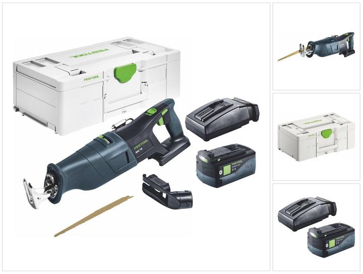 1x Festool RSC 18 EB cordless reciprocating saw, 1x RSC-AV dust extractor, 1x WOOD UNIVERSAL HSR 230 reciprocating saw blade, 4.3 BI, 1x Festool BP 18 Li 5.0 ASI 18 V 5.0 Ah battery, 1x Festool TCL 6 charger, 1x Systainer SYS3 L 187