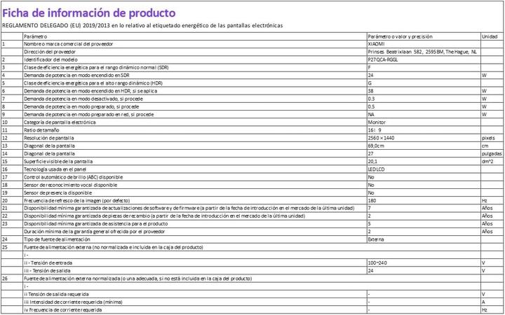 Valeurs nutritives et ingrédients Xiaomi G27Qi (2560 x 1440 pixels, 27")