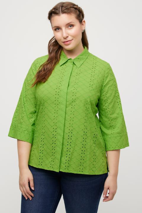Actual product image Ulla Popken Eyelet Embroidered Cotton 3/4 Sleeve Blouse (50, 52)
