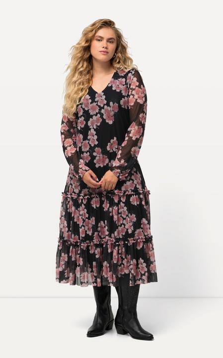 Image du produit Ulla Popken Robe midi doublée, imprimé fleurs, col en V et manches longues (62)