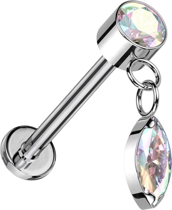 Image du produit Hollywood Body Jewelry Micro Threadless Labret argent Cylindre argent Cristal multicolore Pendentif Ovale Cristal (Titane, sans laiton)