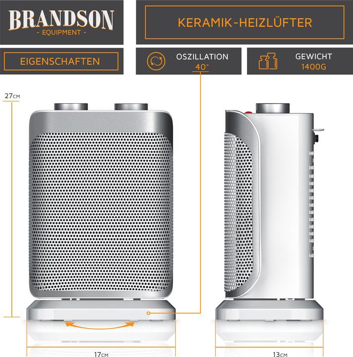 Produktbild Brandson Keramik Heizlüfter, Keramikheizlüfter mit Oszilationsfunktion, Bad Keramikheizgerät, weiss (1500 W)