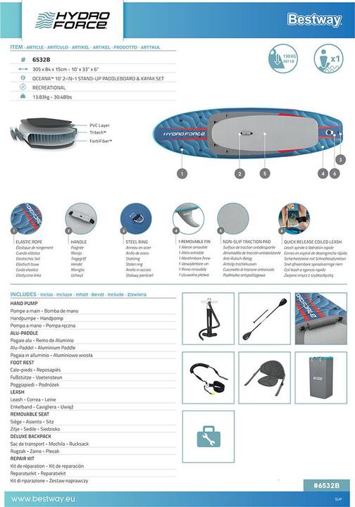 Image du produit Bestway Hydro Force Kit paddle SUP et kayak gonflable 2-en-1 Oceana 3,05 m