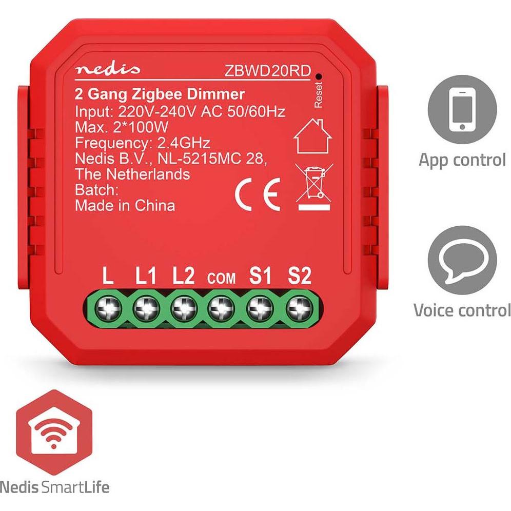 Nedis, Lichtschalter + Storenschalter, ZBWD20RD SmartLife Power Switch Zigbee 3.0-2x100 W-Terminal Anschluss-App erhältl...
