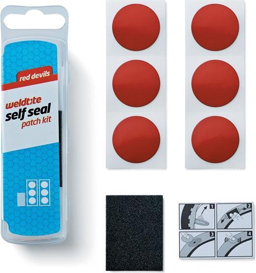 Weldtite padangų pleistrai PUNCTURE Raudonas DEVILS SELF SEAL PATCH KIT 6 x lipnių pleistrų dėžutė po 25 (WLD