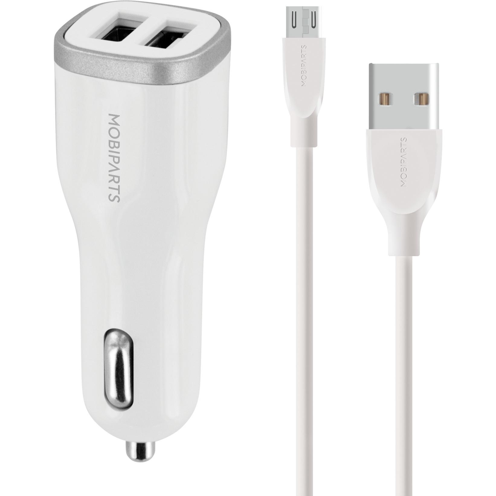 Mobiparts Car Charger Dual USB 24W/4.8A + Micro USB Cable White, Adattatore per auto, Bianco