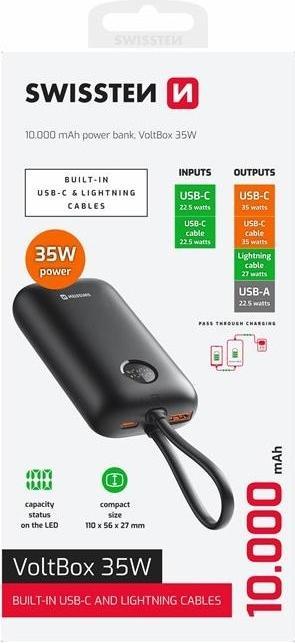 Swissten Power Bank Voltbox 35w 10000 Mah with Built-In Cables USB-C and Lightning Black (10000 mAh, 35 W, 35 Wh)