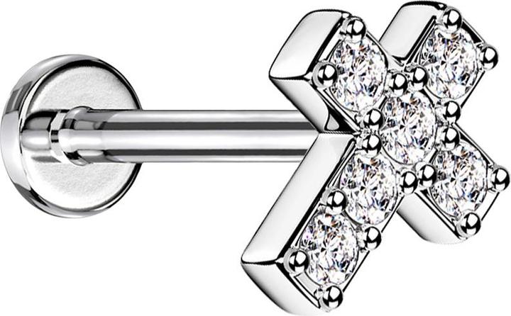 Actual product image Star Piercing Micro Labret internal thread silver cross with crystal silver (without brass, Surgical steel 316L)
