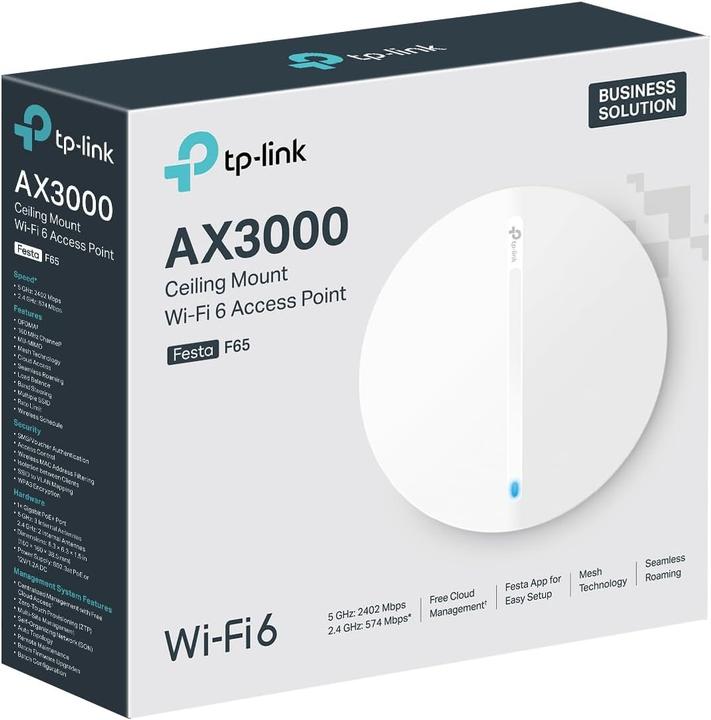 Produktbild TP-Link Festa F65 Access Point AX3000 WiFi 6, Kostenlose Cloud-Verwaltung, 802.3at PoE oder 48V pass (2402 Mbit/s)