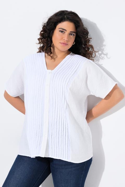 Produktbild Ulla Popken Musselin-Bluse, Oversized, Biesen, V-Ausschnitt, Halbarm (54)