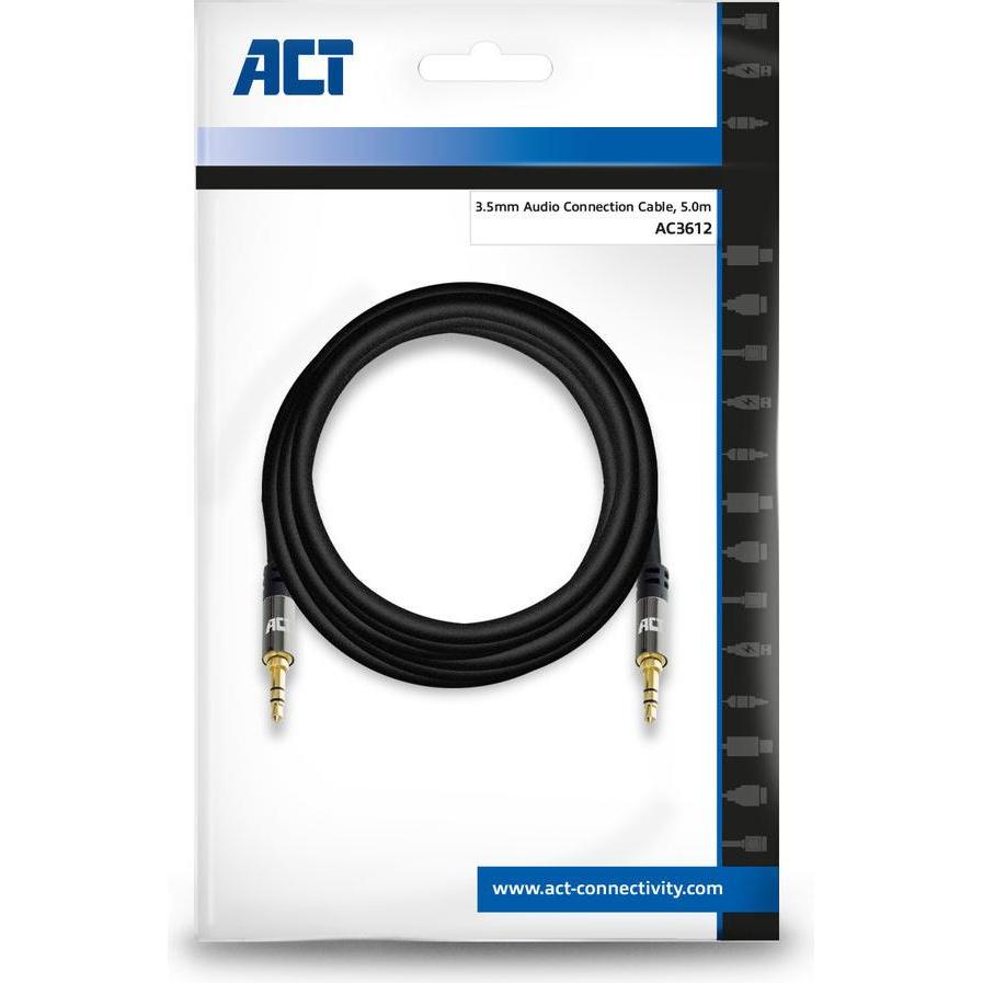 Thumbnail - ACT 5 meters High Quality stereo audio connection cable 3.5 mm jack male - male, Zip Bag (5 m, 3.5mm Klinke (AUX)), Audi...