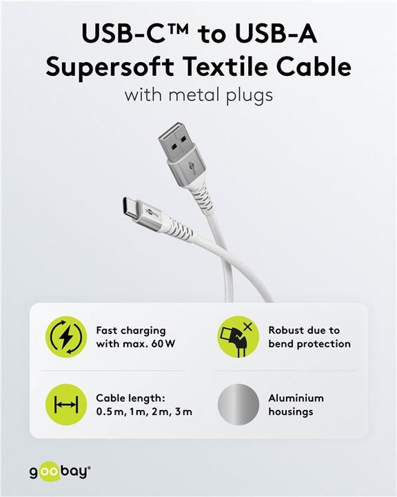 Produktbild Goobay USB-C Supersoftes Textilkabel mit Metallsteckern, 2 m, weiss (2 m, USB 2.0, 60 W)