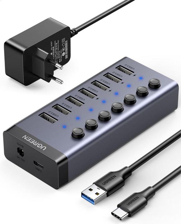 Ugreen multifunctionele HUB 7in1 USB Type C - 7x USB Type A 3.0 PD DC 12V grijs (CM481) (USB-C, 8 ports)