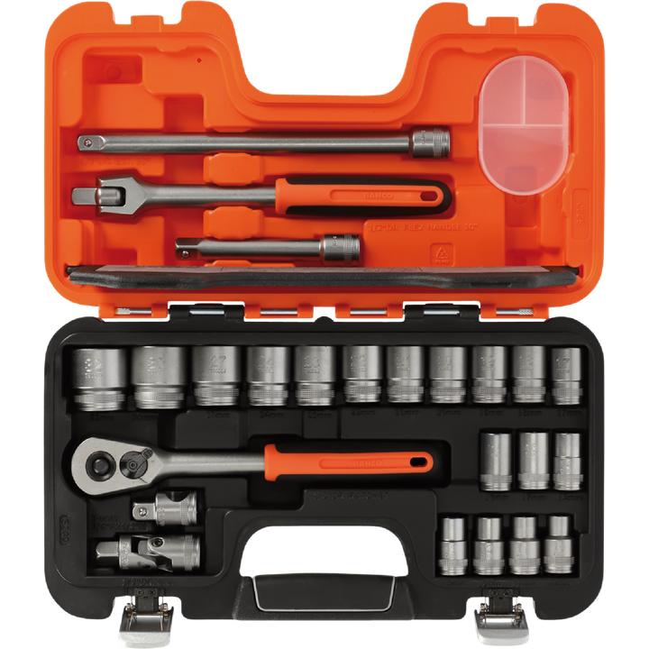 Actual product image Bahco 1/2"-Steckschlüssel-Satz, metrisch, Sechskant, inklusive Umschaltknarre - 24-teilig (32 mm, 24 mm, 13 mm, 16 mm, 11 mm, 18 mm, 23 mm, 27 mm, 19 mm, 14 mm, 15 mm, 21 mm, 22 mm, 12 mm, 17 mm, 20 mm, 10 mm, 30 mm)
