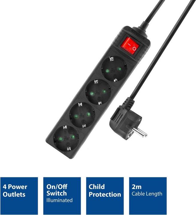 Actual product image Power strip with illuminated switch, 4 sockets, 2 m, black (4 x, CEE 7/3, 2 m)