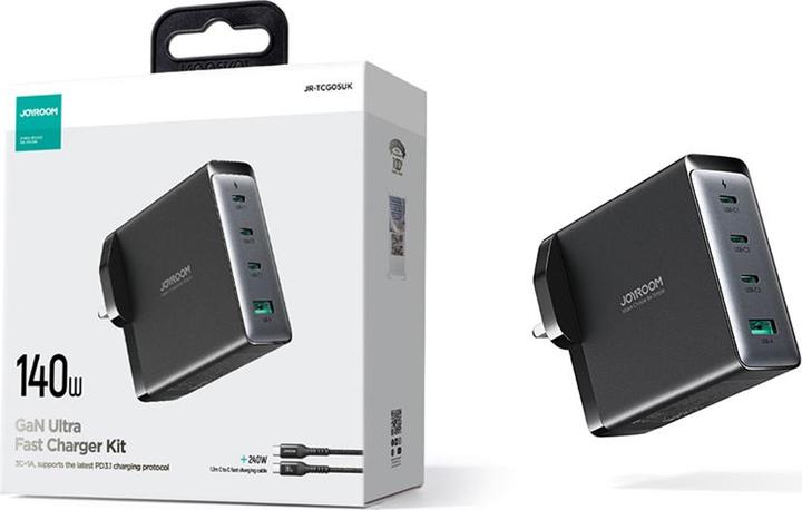 Actual product image Joyroom GaN charger UK JR-TCG05UK 140W 3x USB-C USB-A + USB-C / USB-C cable 240W 1.2m (140 W)