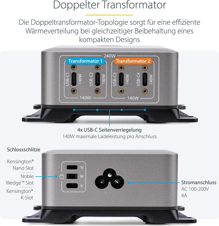 Produktbild StarTech .com 424DEU-USB-C-CHARGER, Drinnen, AC, 28 V, 1,8 m, Grau (240 W)