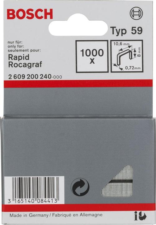 Produktbild Bosch Professional Zubehör Feindrahtklammer Typ 59, 10,6 x 0,72 x 8 mm, 1000er-Pack