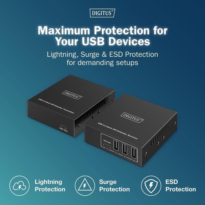 Actual product image Digitus USB 3.2 Gen1 CAT Extender, 5 Gbps, 4 ports: 3x USB-A / 1x USB-C, 100m