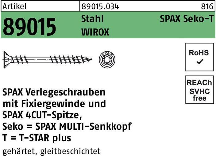 Image du produit Spax Vis de pose R 89015 Seko Filetage de fixation/pointe/T-STAR 4,5 x 60 -T20 Acier WIROX (500 Vis par pièce)