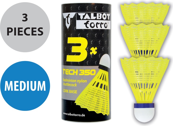 Actual product image Talbot Torro Badminton ball Tech 350, medium, yellow/blue durable leisure and training nylon shuttlecock with