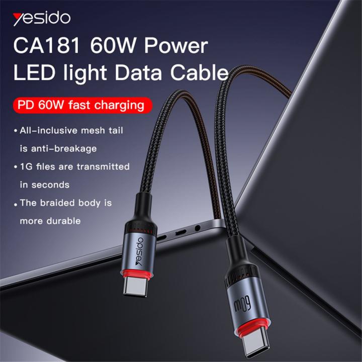 Actual product image Yesido USB-C to USB-C Cable CA181, 60W, 3A, 1.2m, Black (1.20 m, 60 W)