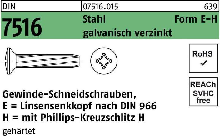Produktbild Gewindeschneidschraube DIN 7516 Linsenkopf m.Kreuzschlitz-PH EM 4 x 20 -H Stahl galvanisch verzinkt (1000 Schrauben pro Stück)