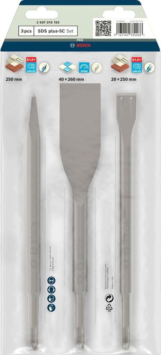 Produktbild Bosch Professional Zubehör 3-tlg. Meisselset, SDS plus, 0/20/40 mm (255 mm)