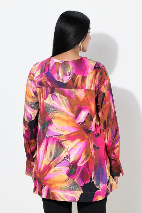Produktbild Ulla Popken Satinbluse, Blüten, V-Ausschnitt, Langarm (60)