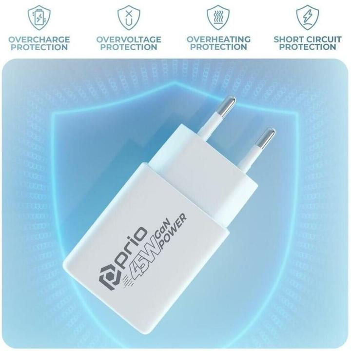Image du produit prio Chargeur mural GaN Power 45W PD PPS (USB C) + QC 3.0 (USB A) blanc (45 W, 1 portion)