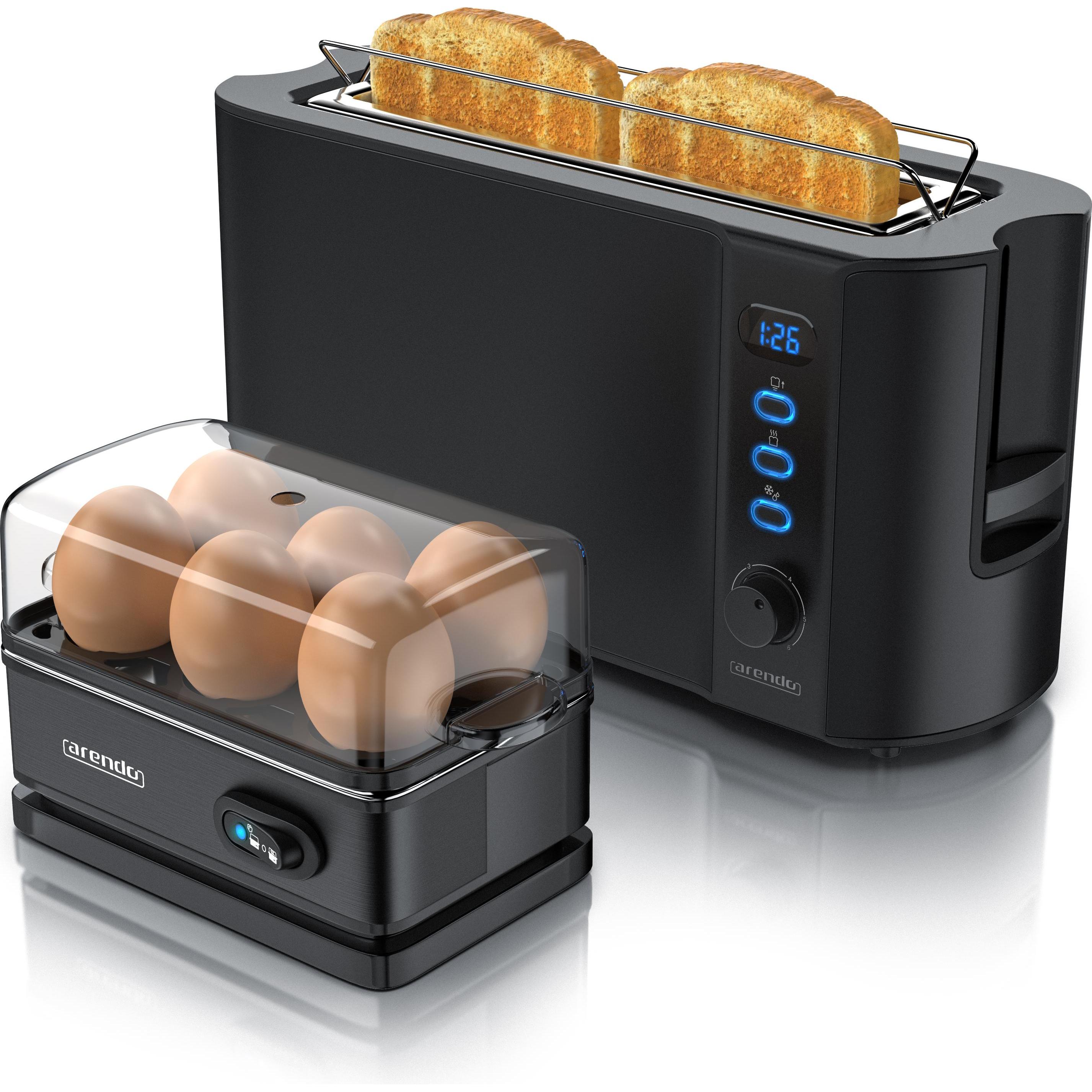 Arendo Frühstücks Set, 2-Scheiben Langschlitz Toaster mit Brötchenaufsatz & Eierkocher für 6 Eier, Schwarz, Toaster, Gra...